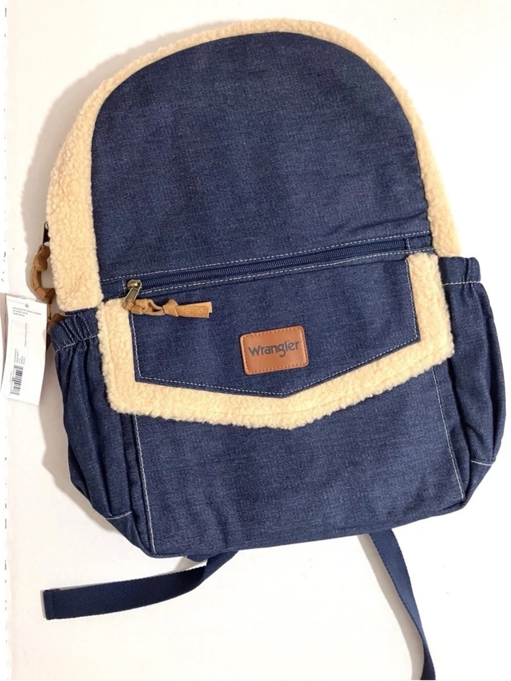 Wrangler navy denim backpack with cream sherpa trim